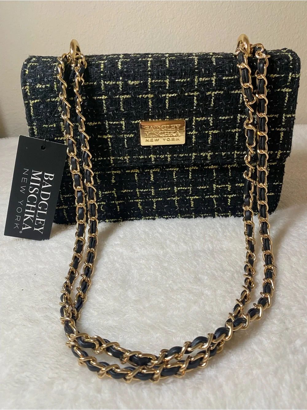 Badgley Mischka Black and Gold Tara Tweed Chain Crossbody and Wallet Set NWT